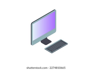 Laptop with important information on the screen. Man typing main message. People whatching on monitor. Single bright colored object on white background.