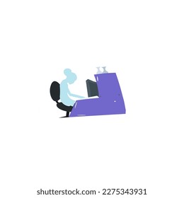 Laptop with important information on the screen. Man typing main message. People whatching on monitor. Single bright colored object on white background.