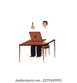 Laptop with important information on the screen. Man typing main message. People whatching on monitor. Single bright colored object on white background.