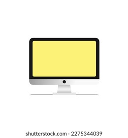 Laptop with important information on the screen. Man typing main message. People whatching on monitor. Single bright colored object on white background.