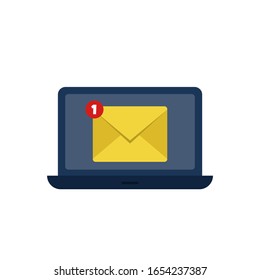 Laptop, inbox email, new message coming icon vector illustration isolated on white background. Closed yellow  envelope