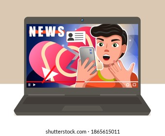 Laptop with included video on it. Surprised boy with a phone in his hands watches the news on the smartphone. Black laptop stands on the table. Drawing of a broken heart vector illustration
