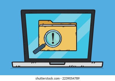 Laptop mit Ordner und mit Lupe und Ausrufezeichen.  Handgezeichnete Vektorgrafik.
