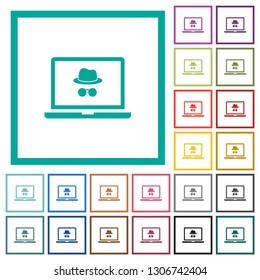 Laptop with incognito symbol flat color icons with quadrant frames on white background