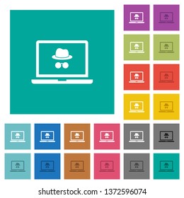Laptop with incognito symbol multi colored flat icons on plain square backgrounds. Included white and darker icon variations for hover or active effects.