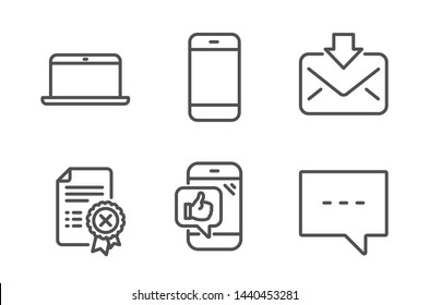 Laptop, Incoming mail and Mobile like icons simple set. Reject certificate, Smartphone and Blog signs. Mobile computer, Download message. Technology set. Line laptop icon. Editable stroke. Vector