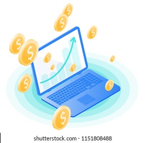 Der Laptop, der Pfeil auf dem Bildschirm erhöht, Dollar goldener Regen. Flache Vektorisometrie. Der Geschäftserfolg, Gewinn, Gewinn, Online-Banking, wachsende Geld, Börse, Investment Konzept.