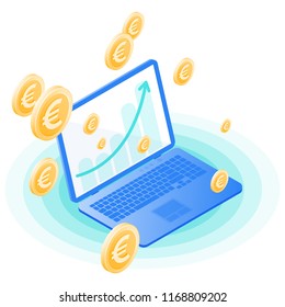 The laptop, increasing arrow on the screen, euros gold rain. Flat vector isometric illustration. The business success, trading, profit, online banking, growing money, stockmarket, investment concept.