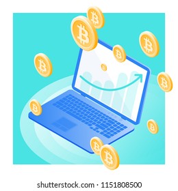 The laptop, increasing chart on the screen, bitcoins coins rain. Flat vector isometric illustration. The business success, profit, online banking, blockchain, cyber money, cryptocurrency concept.