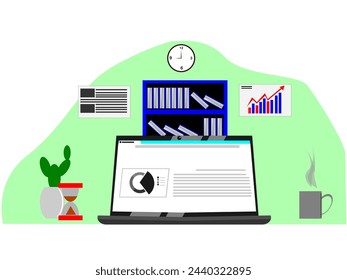 Laptop indoors with graphic progress info screen or flat cartoon workplace vector illustration, pc with graphic info display workplace modern design office