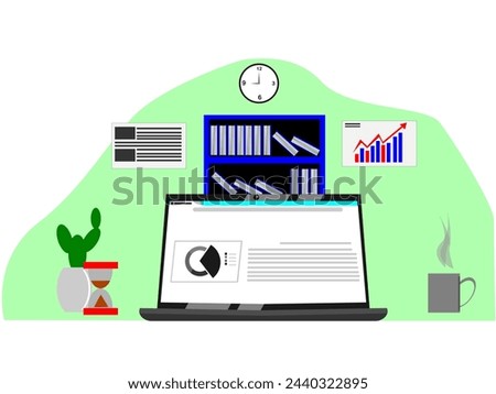 Laptop indoors with graphic progress info screen or flat cartoon workplace vector illustration, pc with graphic info display workplace modern design office