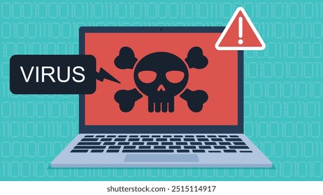 Portátil infectado con un virus. La pantalla muestra un cráneo con la información VIRUS, y al lado un signo de exclamación. El fondo es un código cero-uno. Vector de diseño plano.