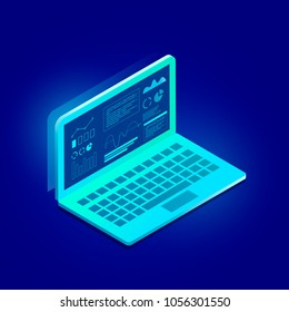 Laptop with infographic elements. 3d isometric flat design. Vector illustration.