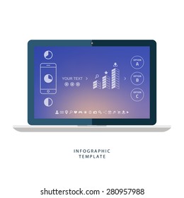 Laptop with infographic elements on blurred background.
