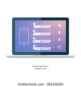 Laptop with infographic elements on blurred background.