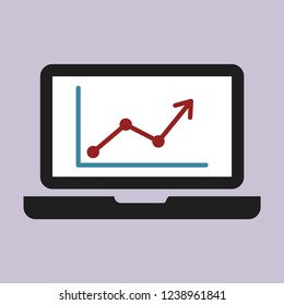 Laptop with infographics arrow flat style vector icon.