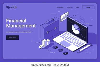 Laptop with infographics and briefcase on purple background. Financial management landing page isometric template. Corporate company data analytics technology 3d vector illustration for web page