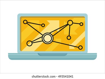 Laptop with infographics on screen. Laptop flat icon. Concept of online business, commerce algorithm, statistics, business analysis, information. Isolated object on white background. Illustration.