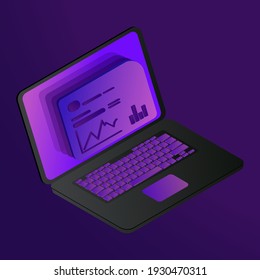 Laptop with information on the screen. Isometric image. Drawing in 3D
