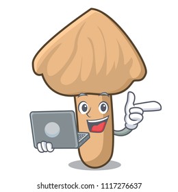 With laptop inocybe mushroom character cartoon