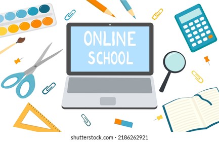 Laptop with inscription online school and school supplies. Online education.Illustration for website, landing page and infographic