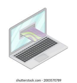 Laptop mit eingefügter Plastik- oder Kreditkarte als Finanzbuchhaltung und zusammenfassende Isometrische Vektorkomposition