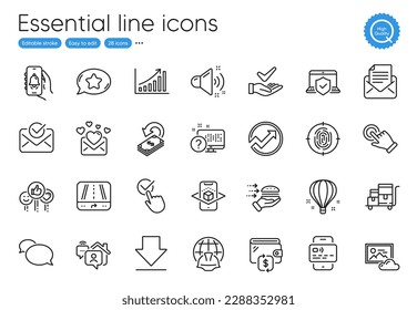 Laptop insurance, Augmented reality and Cashback line icons. Collection of Gps, Graph chart, Food delivery icons. Work home, Checkbox, Photo cloud web elements. Fingerprint, Like, Audit. Vector