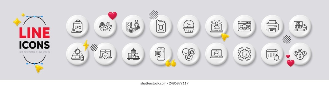 Laptop insurance, Last minute and Seo gear line icons. White buttons 3d icons. Pack of Canister oil, Inspect, Delivery truck icon. E-mail, Cyber attack, Buying currency pictogram. Vector