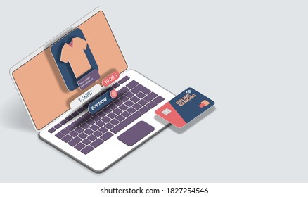 Una laptop con la interfaz de un sitio web de venta de ropa y una tarjeta bancaria en el espacio. Bandera de vectores