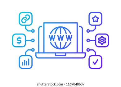 Laptop with internet connection and parametres icons on it. Vector illustration.