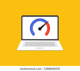 Laptop with internet connection speed test on the computer screen logo design. Speed test and network performance information. Signal quality. Concept of improving website loading speed vector design 
