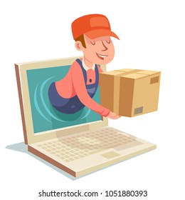 laptop internet delivery concept box computer monitor cartoon character design vector illustration