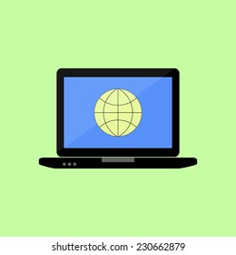 Laptop with internet  icon in flat style