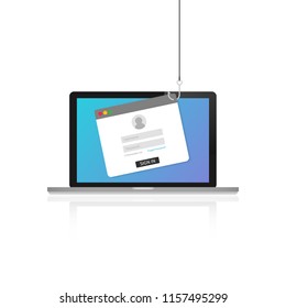 Laptop internet security concept. Internet phishing, hacked login and password. Vector stock illustration.