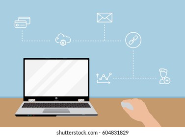 Laptop with internet technology on the table vector concept. Personal computer or desktop and hand illustration in modern flat style. Color picture for design web site, web banners, printed materials.