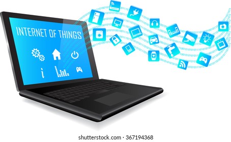 Laptop With Internet Of Things (IoT) Icons Connecting Together. Internet Networking Concept. Application Coming Out From Laptop On White Background.  Internet Of Things.