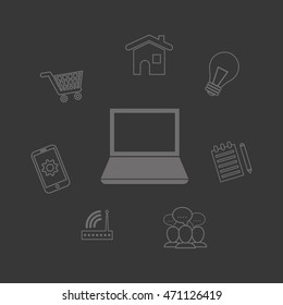 laptop internet of things technology digital app appliances icon set. Flat illustration. Vector illustration