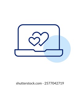 Laptop with intertwined hearts on screen. Virtual romance, online dating and long-distance relationships. Pixel perfect, editable stroke icon