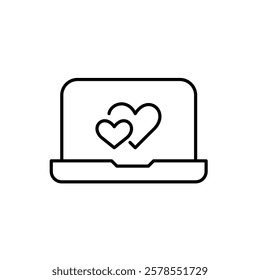 Laptop with intertwined hearts on screen. Virtual romance, online dating and long-distance relationships. Pixel perfect vector icon