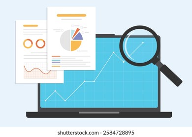 Laptop with investments growth graph for business, Data document with magnifying glass for research and analysis.