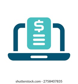 A laptop with an invoice screen represents online payment for bills and services. This graphic suits checkout portals, billing platforms, accounting dashboards, and digital finance materials