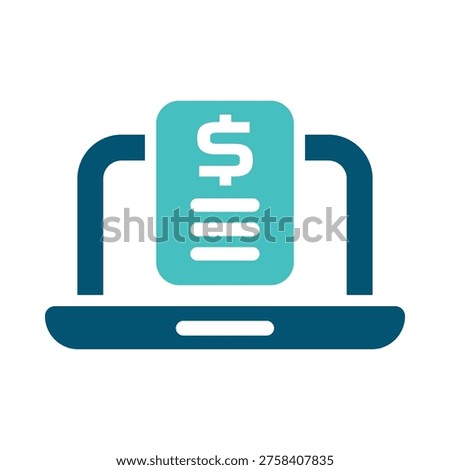 A laptop with an invoice screen represents online payment for bills and services. This graphic suits checkout portals, billing platforms, accounting dashboards, and digital finance materials