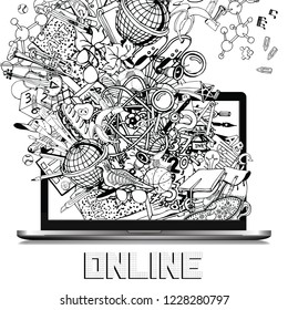 Laptop Isolated on white Background with Hand Drawn illustration on Education Theme.