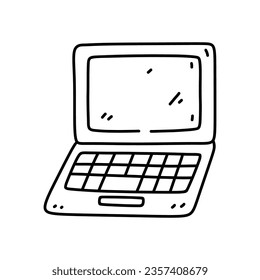 Laptop einzeln auf weißem Hintergrund. Vektorhandgezeichnete Illustration im Doodle-Stil. Ideal für Logo, Dekoration, verschiedene Designs.