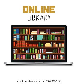Laptop Isolated on white Background and Text. Library Book Shelf Background. Books and Knowledge. Vector Flat illustration.