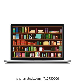 Laptop Isolated on white Background. Library Book Shelf Background. Books and Knowledge. Vector Flat illustration.