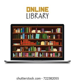 Laptop Isolated on white Background and Text. Library Book Shelf Background. Books and Knowledge. Vector Flat illustration.
