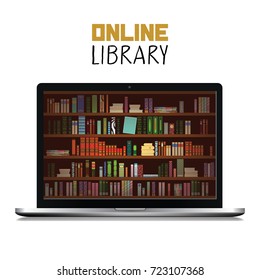 Laptop Isolated on white Background and Text. Library Book Shelf Background. Books and Knowledge. Vector Flat illustration.