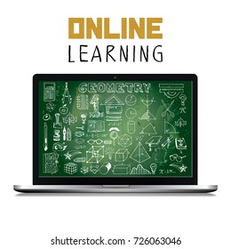 Laptop Isolated on white Background with Doodle and Text. Hand Drawn illustration on Education Theme in Green Chalkboard Background.