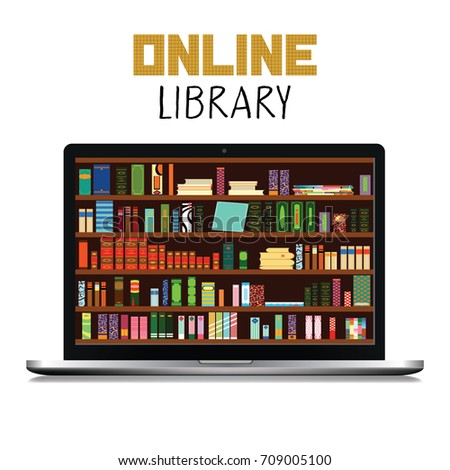 Laptop Isolated on white Background and Text. Library Book Shelf Background. Books and Knowledge. Vector Flat illustration.